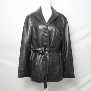 Vintage 90s black leather button front belted blazer jacket M